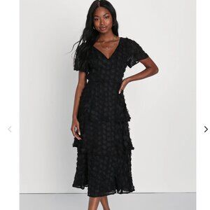 Lulus Black Tiered 3D Floral Applique Midi Dress (XL)